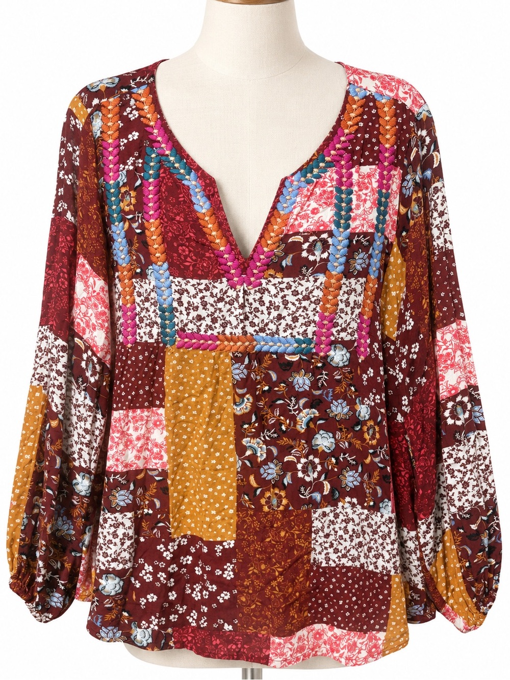 Savanna Jane Burgundy Multi Patchwork V-Neck Tunic with Mustard and Teal Accents